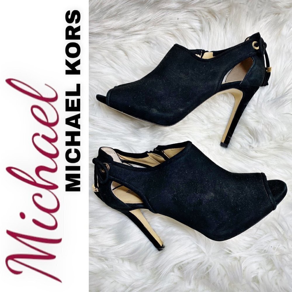 MICHAEL MICHAEL KORS Black Jennings Suede‎ Open Toe Stiletto Booties, Size 8.5